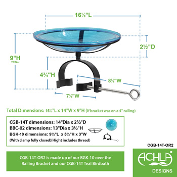 Achla CGB-14T-OR2 14 Inch Teal Crackle Glass Birdbath With Over Rail Bracket