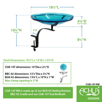 Achla CGB-14T-RM Teal 14 Inch Crackle Bowl With Rail Mount Bracket