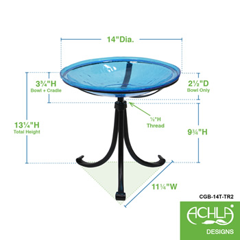 Achla CGB-14T-TR2 14 Inch Teal Crackle Glass Birdbath With Tripod Stand