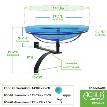 Achla CGB-14T-WM2 14 Inch Teal Crackle Glass Birdbath With Wall Bracket