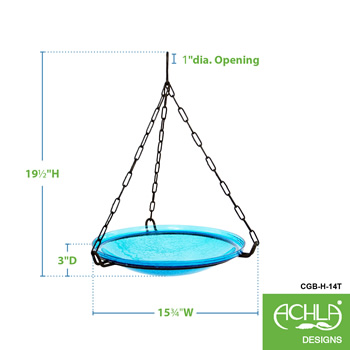 Achla CGB-H-14T Teal 14 Inch Crackle Glass Hanging Birdbath