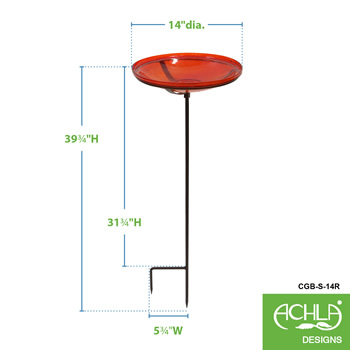 Achla CGB-S-14R Red 14 Inch Crackle Glass Birdbath Bowl With Stake