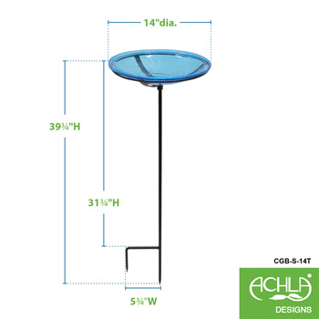 Achla CGB-S-14T Teal 14 Inch Crackle Glass Birdbath Bowl With Stake