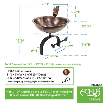 Achla HBB-01-OR Heart Shaped Birdbath With Over Rail Bracket