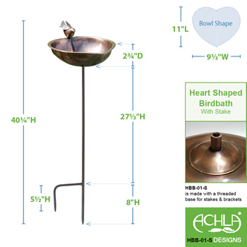 Achla HBB-01-S Heart Shaped Birdbath With Stake