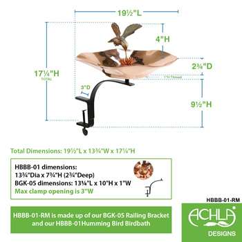 Achla HBBB-01-RM Hummingbird Birdbath With Rail Mount Bracket