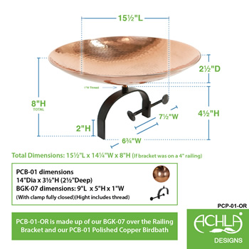 Achla PCB-01-OR Polished Copper Birdbath With Over Rail Bracket