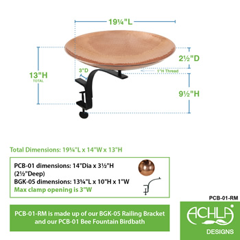 Achla PCB-01-RM Polished Copper Birdbath With Rail Mount Bracket