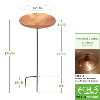 Achla PCB-01-S Polished Copper Birdbath With Stake