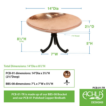 Achla PCB-01-TR Polished Copper Birdbath With Tripod Stand