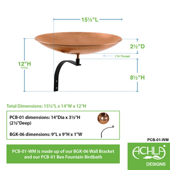 Achla PCB-01-WM Polished Copper Birdbath With Wall Mount Bracket