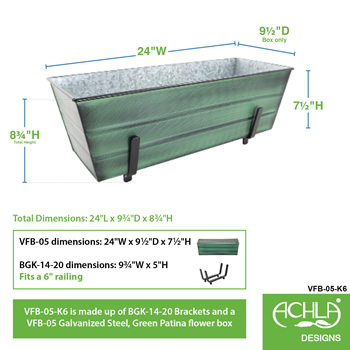 Achla VFB-05-K6 Medium Green Flower Box With Brackets for 2 x 6 Railings