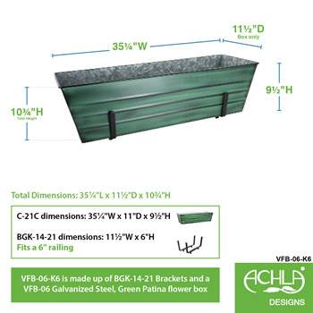 Achla VFB-06-K6 Large Green Flower Box With Brackets for 2 x 6 Railings