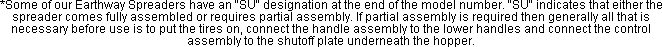 An SU designation on an Earthway spreader indicates the spreader comes fully assembled or requires partial assembly